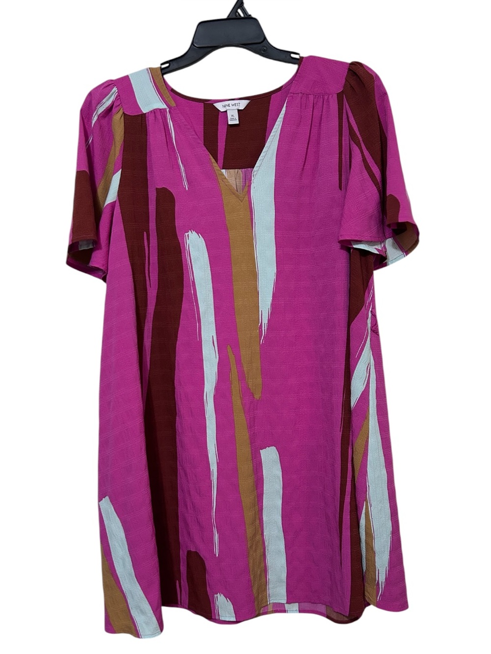 Nine West Womens XL Pink Abstract Brushstroke Flutter Sleeve V-Neck Dress Tunic